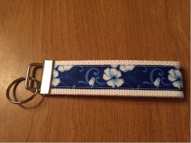 Blue and White Hibiscus Flower Cotton Webbing Keychain/ Keyfob/ Wristlet