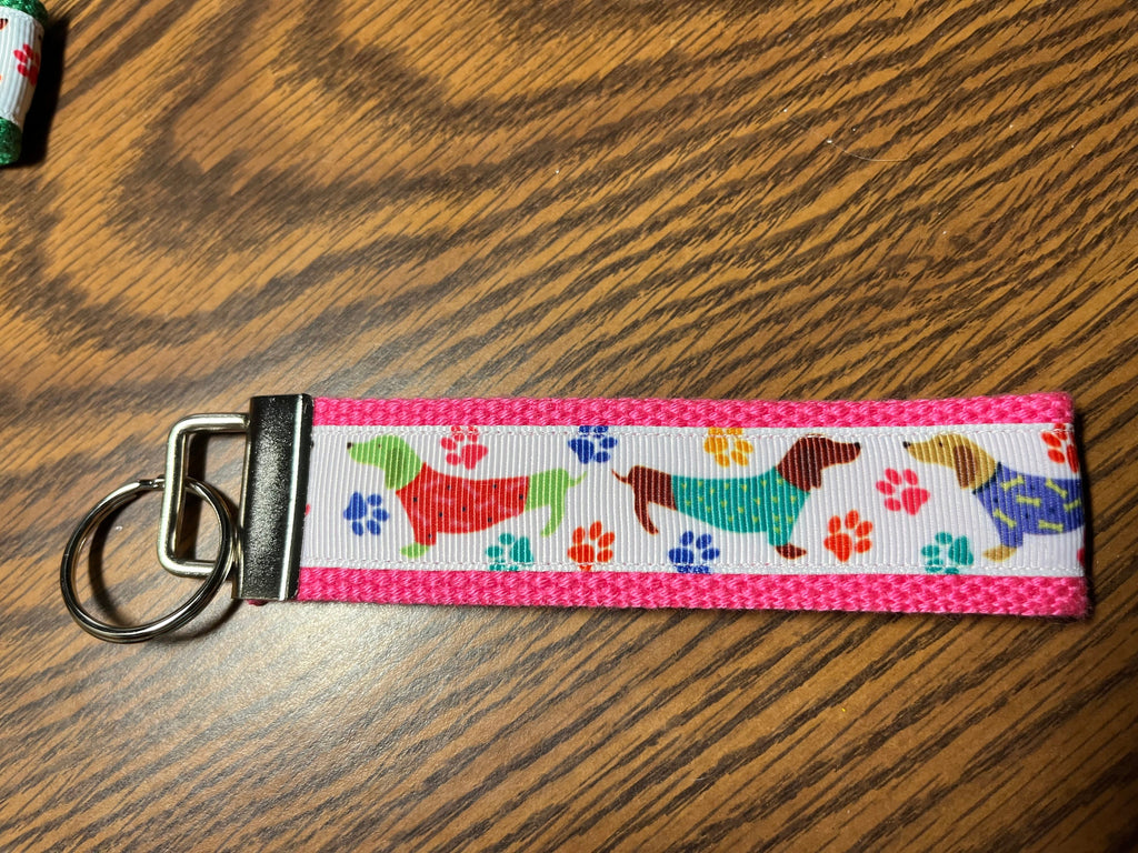 Green and white dachshunds in sweaters cotton webbing keychain/Keyfob/wristlet