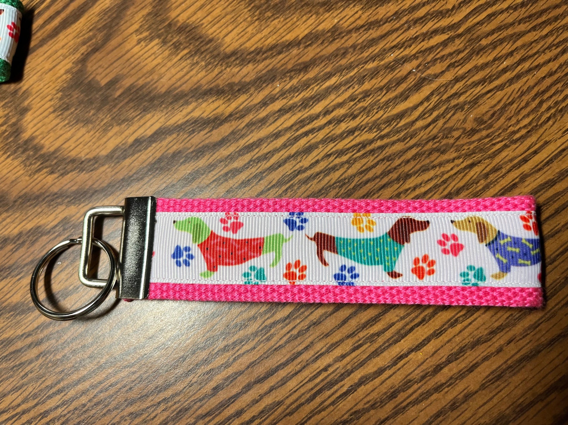 Green and white dachshunds in sweaters cotton webbing keychain/Keyfob/wristlet