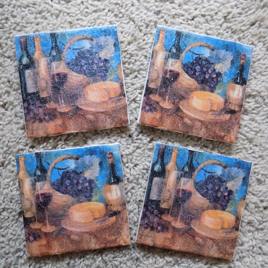 Wine & Cheese Glitter Coaster – Rustic Vineyard Drink Coaster