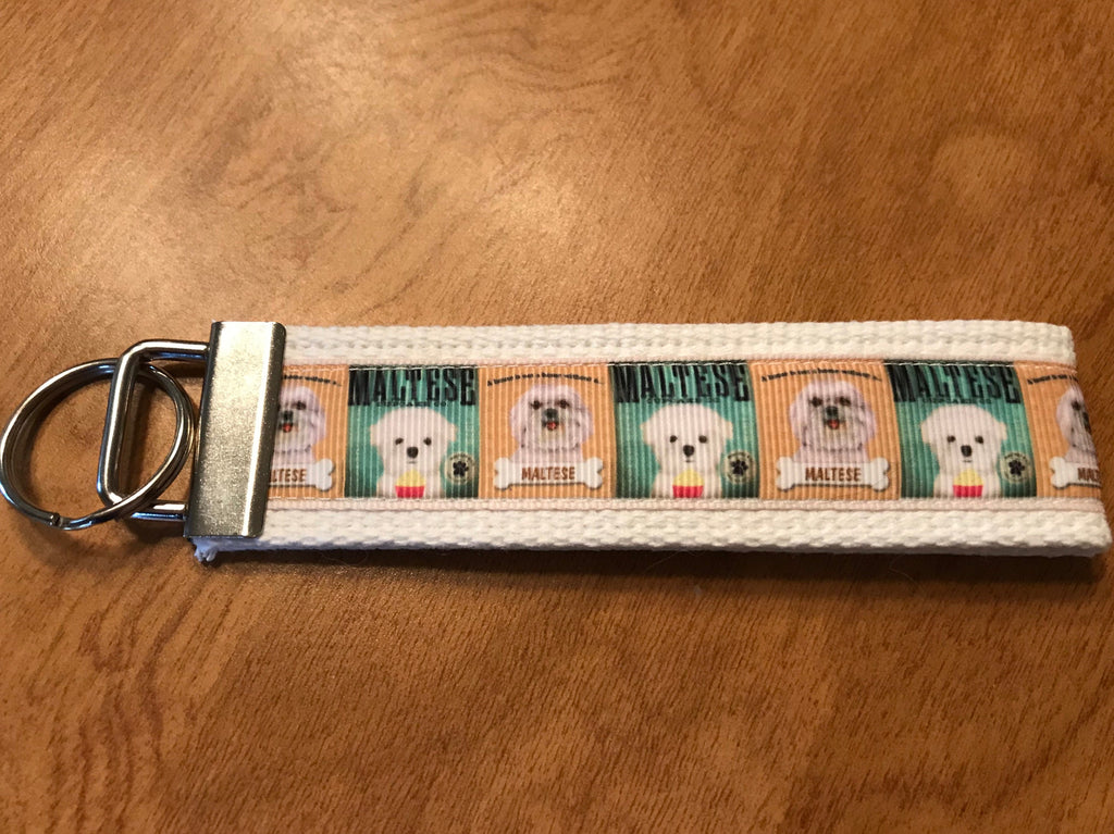 White, Green & Tan Maltese Cotton Webbing Keychain, Keyfob Wristlet