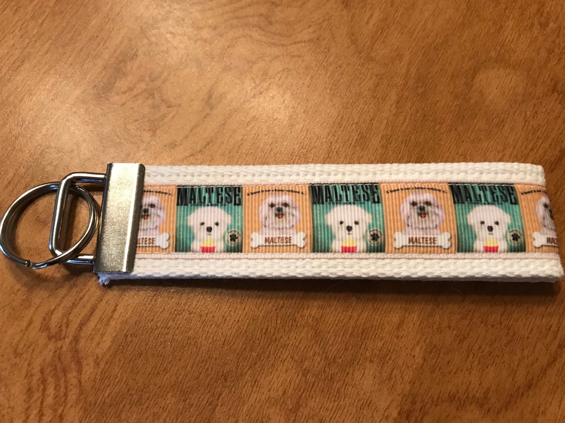 White, Green & Tan Maltese Cotton Webbing Keychain, Keyfob Wristlet