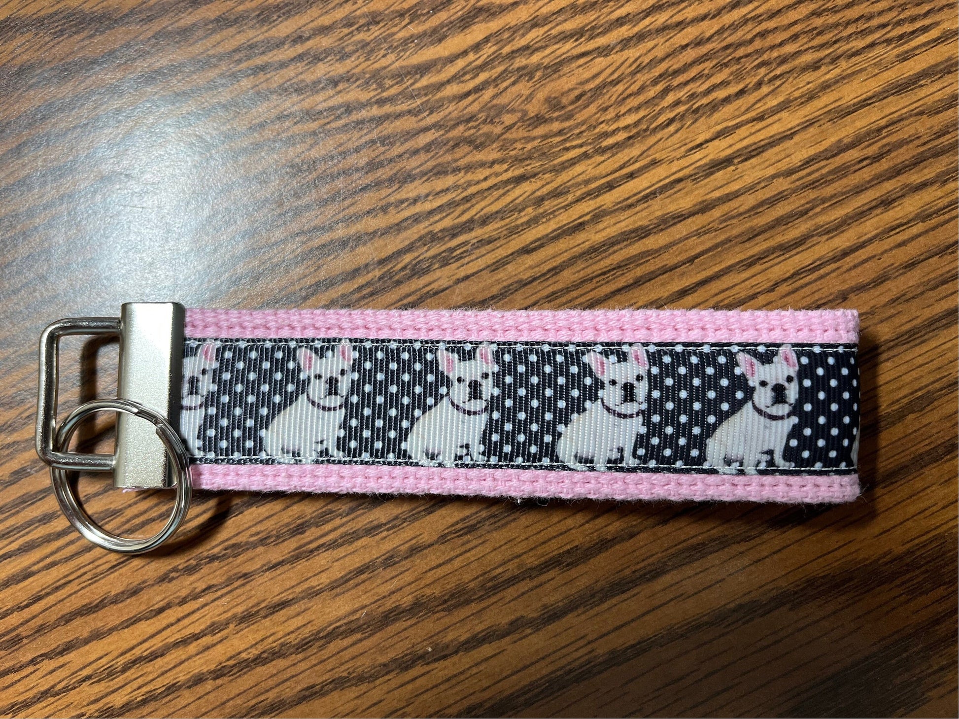 French Bulldog Keychain Wristlet – Cute Dog Lover Gift, Polka Dot Fabric Key Fob