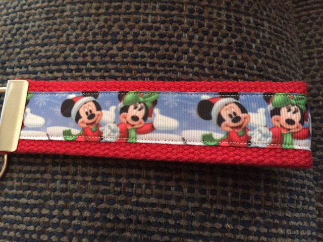 Mickey and Minnie Mouse Red Winter Cotton Webbing Keychain/ Keyfob/ Wristlet