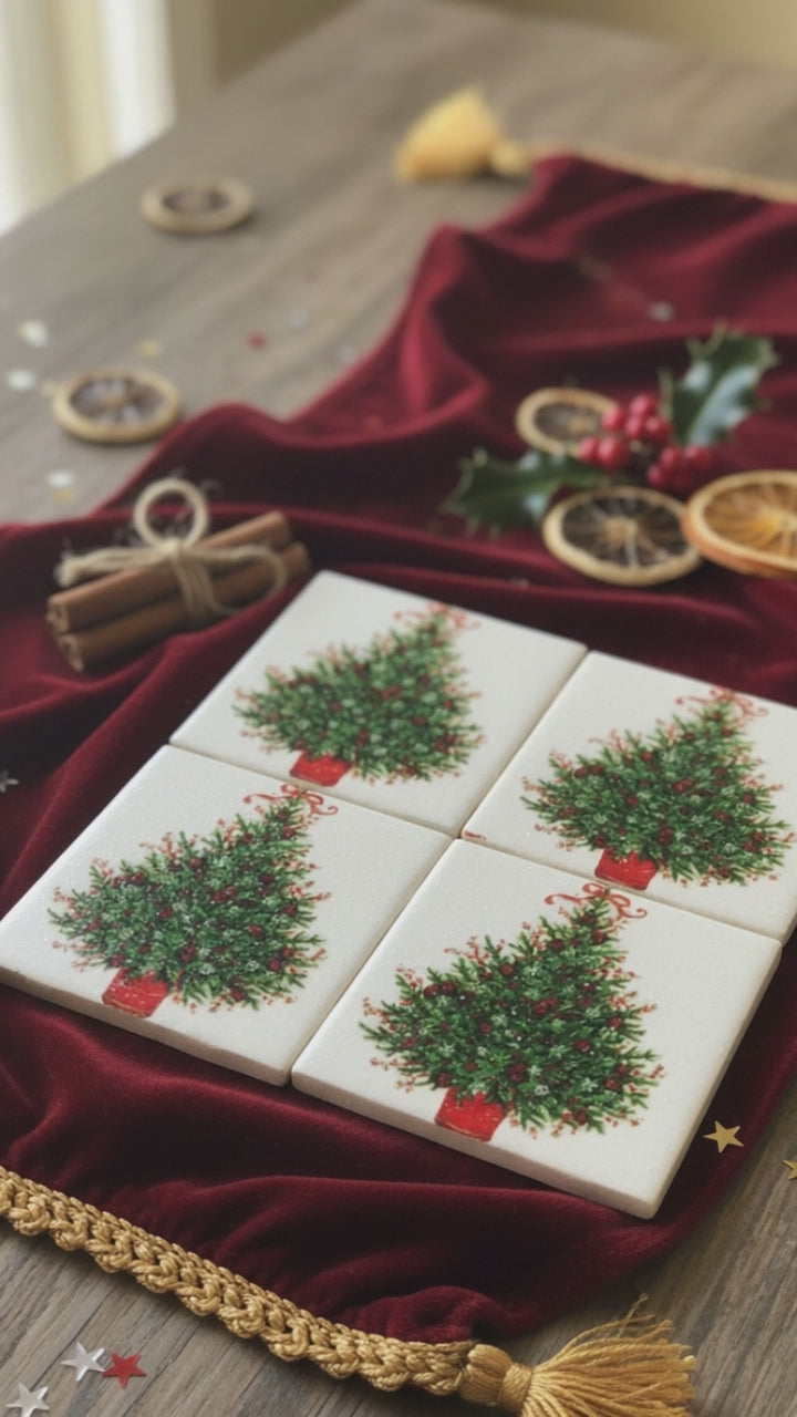 🎄 Christmas Tree Ceramic Coaster – Set of 4 – Holiday Decor Gift – Pinecone Accent Drink Coasters