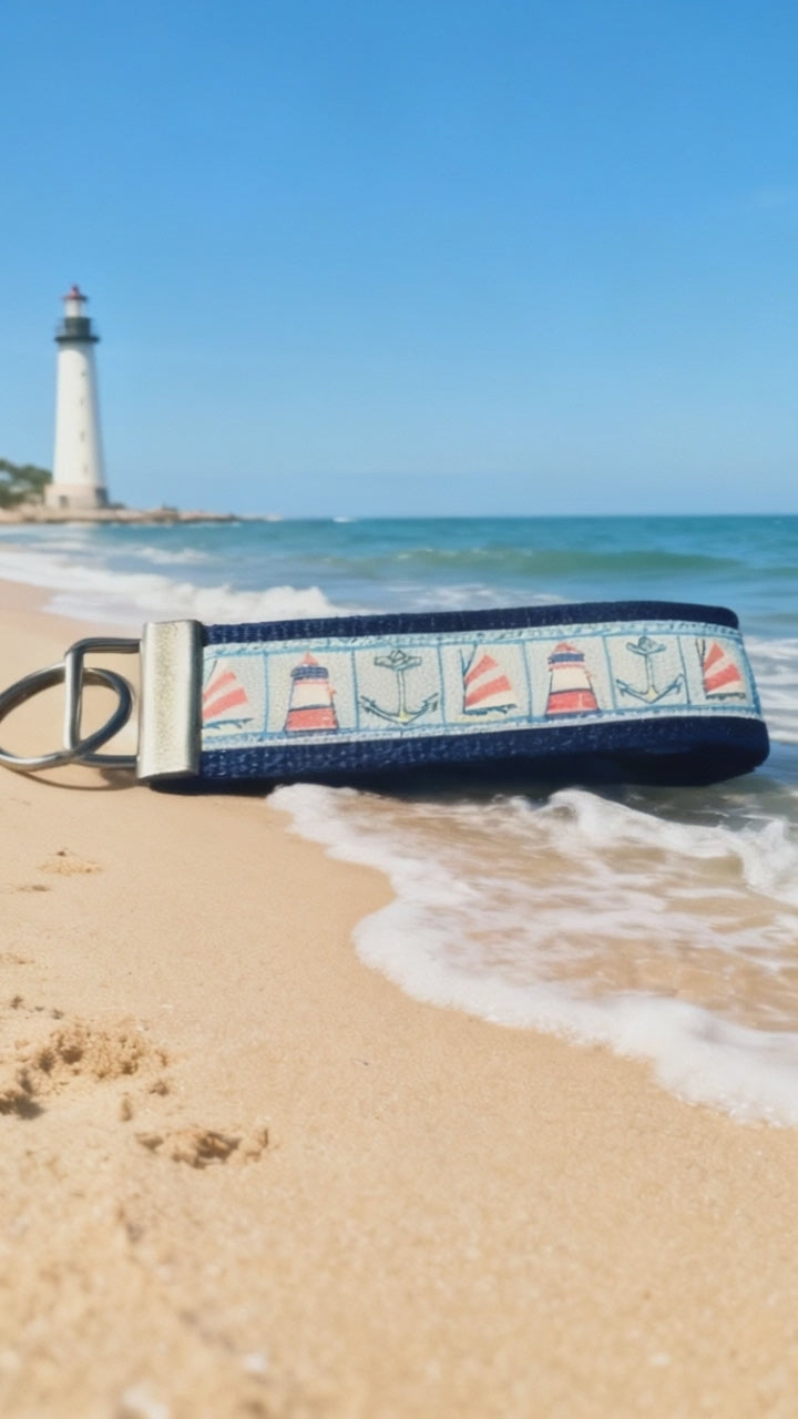 ⭐ Nautical Wristlet Keychain – Lighthouse & Anchor Key Fob – Coastal Keychain – Beach Theme Key Holder – Sailing Gift for Her