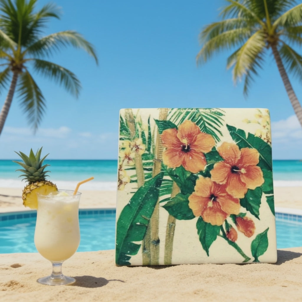Orange Hibiscus Ceramic Tile Coasters (set of 4)