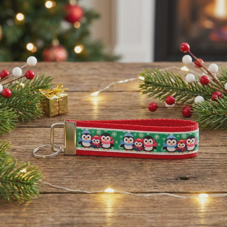 🎄 Holiday Penguin Wristlet Keychain – Cute Christmas Key Fob – Winter Accessory – Handmade Gift 🎁