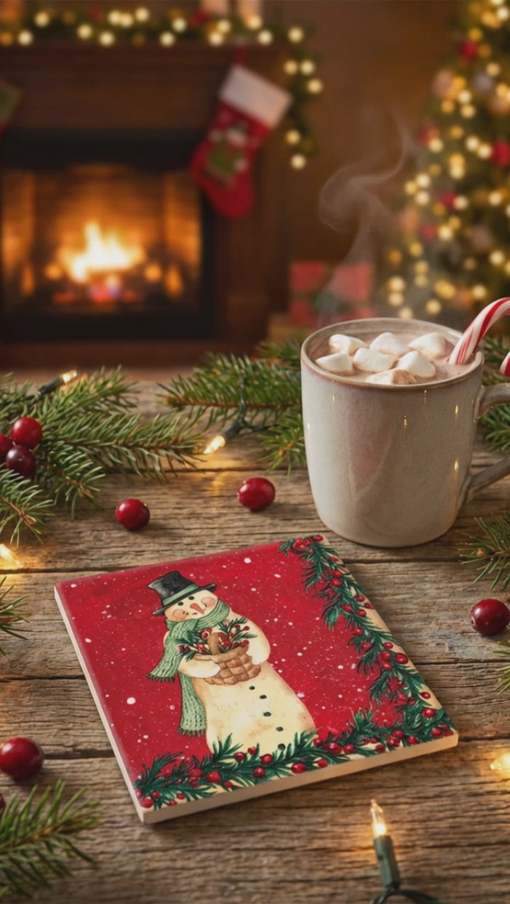 ✨ Christmas Snowman Ceramic Coasters – Set of 4 | Holiday Home Décor | Gift-Ready Drink Coasters