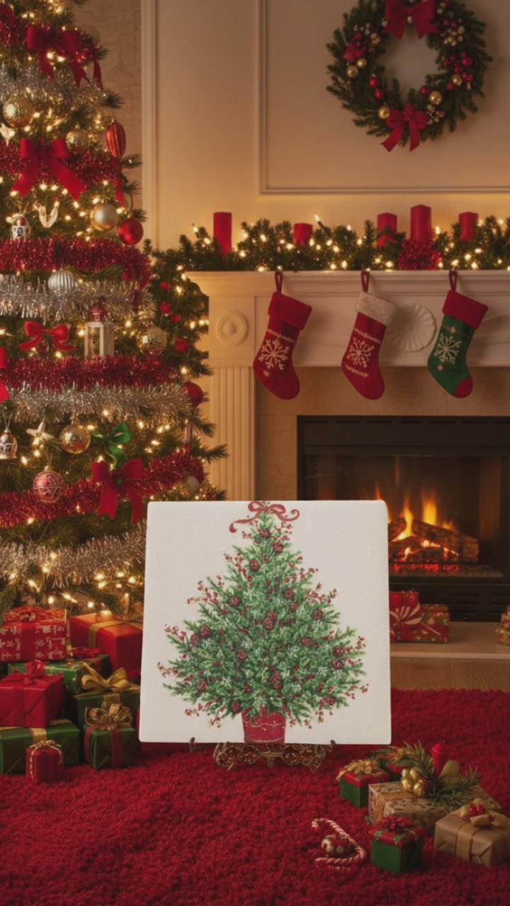 🎄 Christmas Tree Ceramic Coaster – Set of 4 – Holiday Decor Gift – Pinecone Accent Drink Coasters