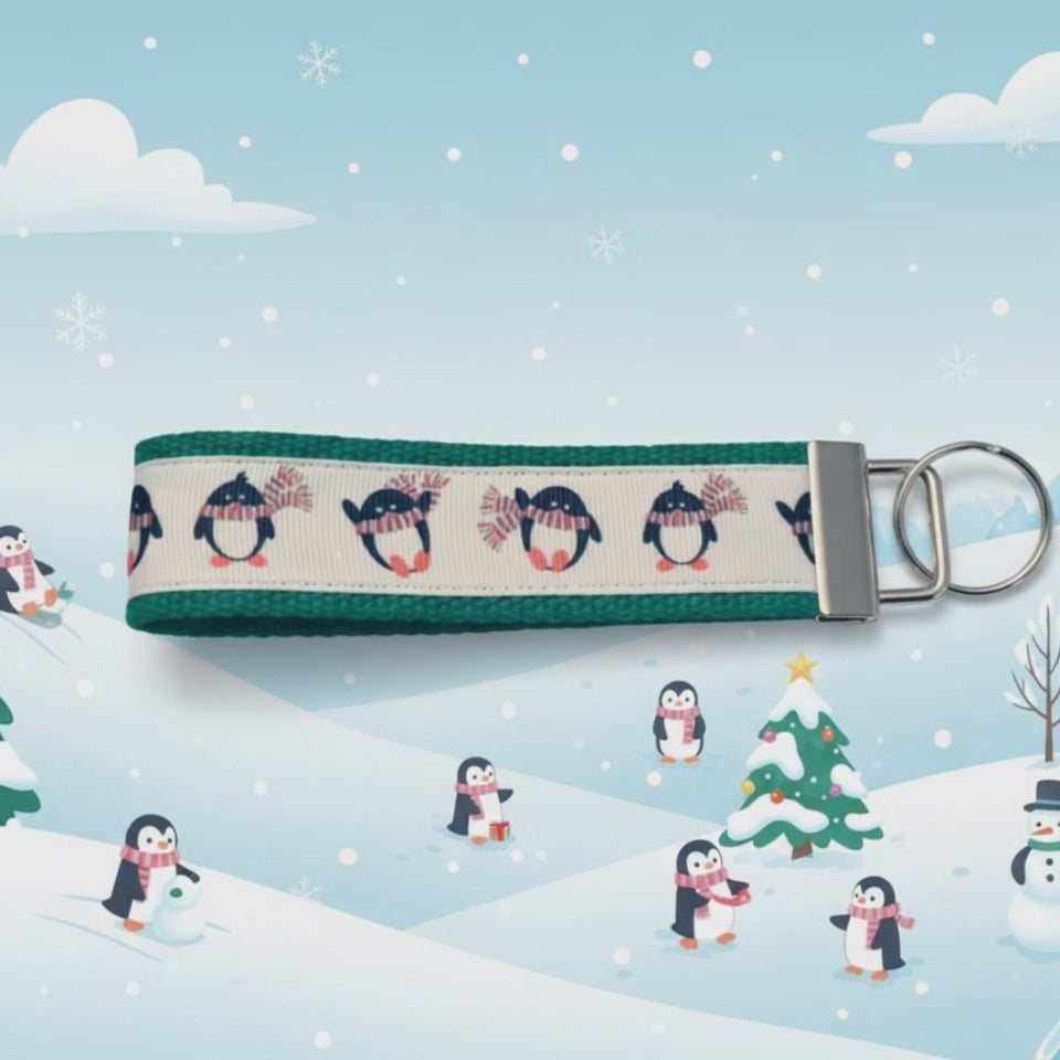 Green and White Scarfy Penguins Cotton Webbing Keychain/ Keyfob/ Wristlet