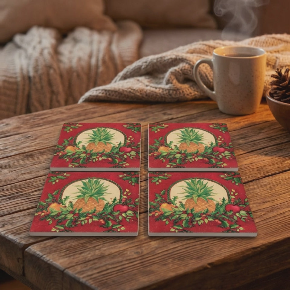 🎄 Holiday Pineapple Ceramic Coasters – Set of 4 | Festive Drink Coasters | Christmas Home Décor | Hostess Gift | Housewarming Gift